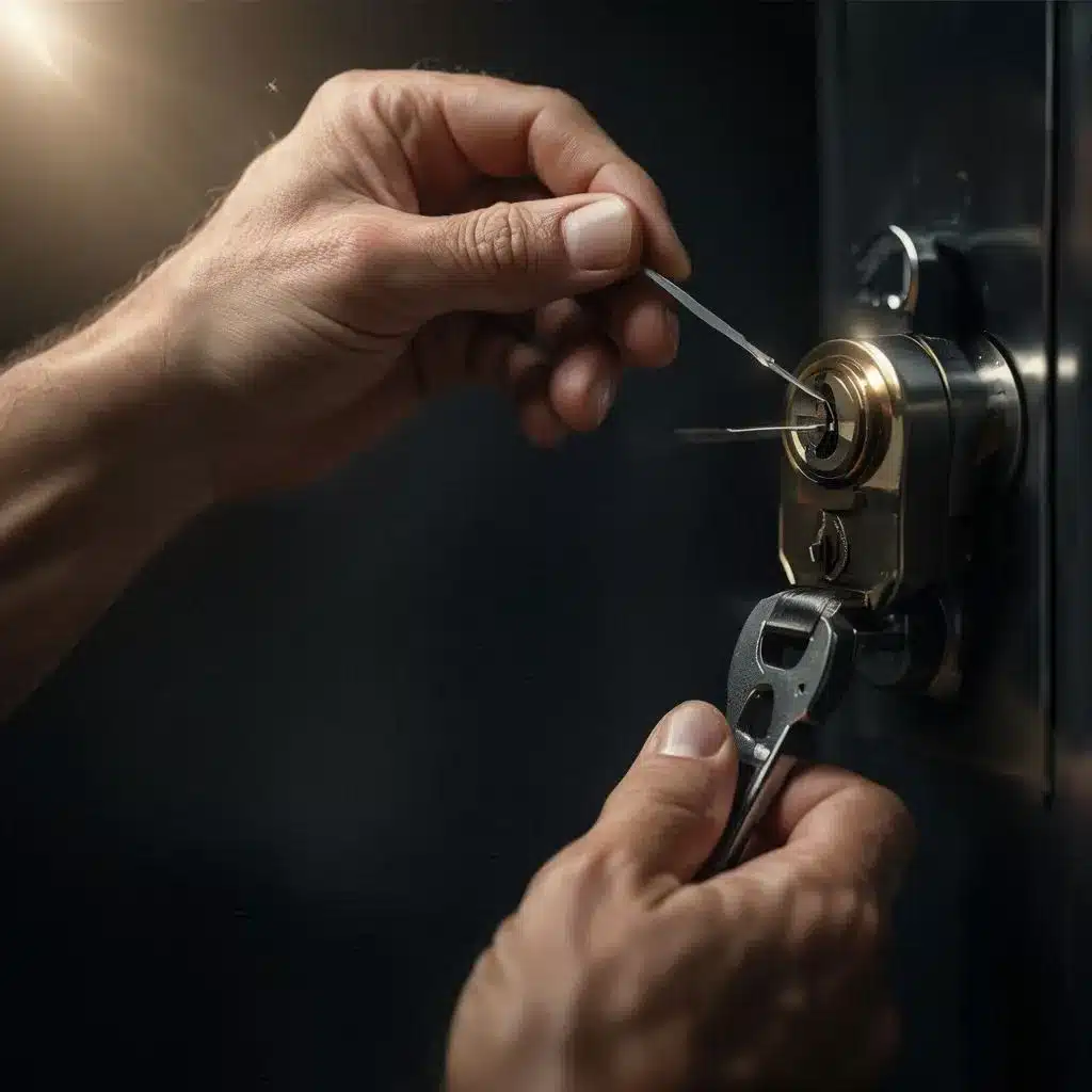 Manos de un cerrajero profesional manipulando una cerradura en Prosperidad, Madrid, mostrando herramientas y detalle de la cerradura