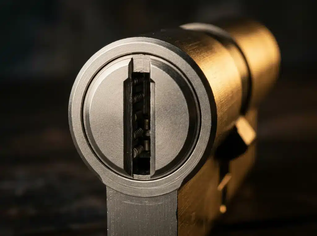 Primer plano de bombín de cerradura de perfil europeo en perfecto estado tras apertura profesional sin daños en Madrid