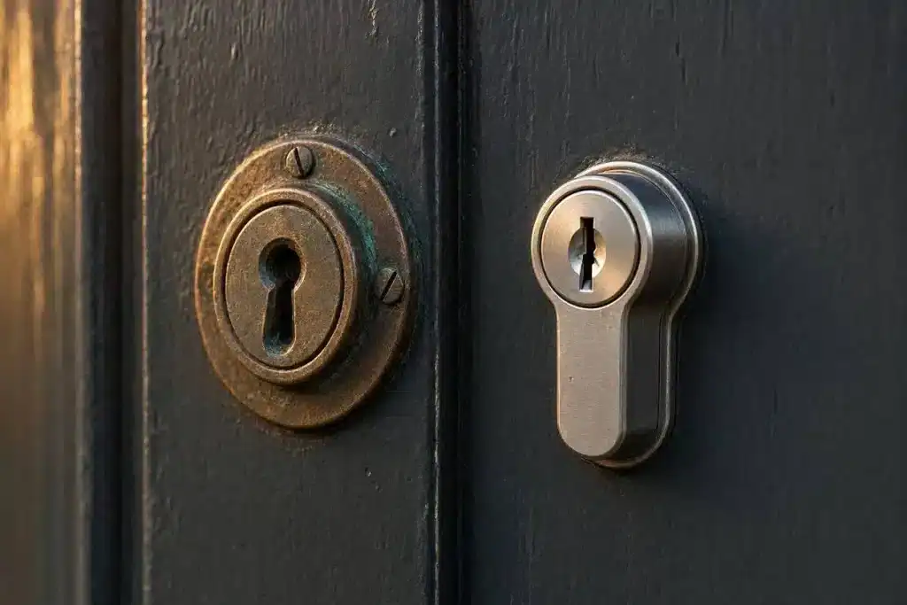 Comparativa entre cerradura de borjas antigua y bombín de perfil europeo moderno sobre puerta oscura, imagen para artículo sobre transformación a perfil europeo en Madrid
