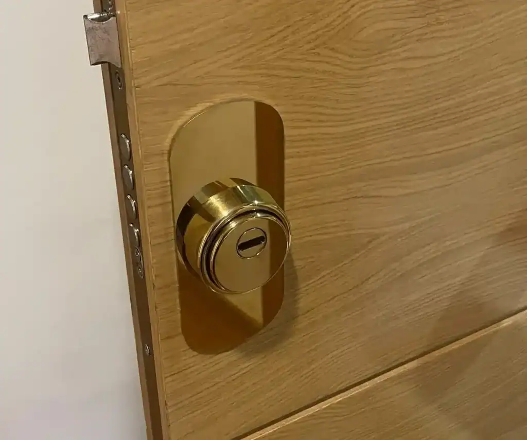 Bombín de cerradura de alta seguridad de perfil europeo siendo instalado en puerta de entrada en Madrid, imagen para artículo sobre cuándo cambiar la cerradura de casa