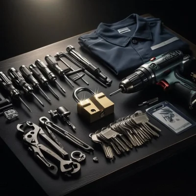 Kit profesional de cerrajero con cilindro europeo y herramientas sobre mesa oscura en Prosperidad, Madrid, mostrando precisión y profesionalidad.